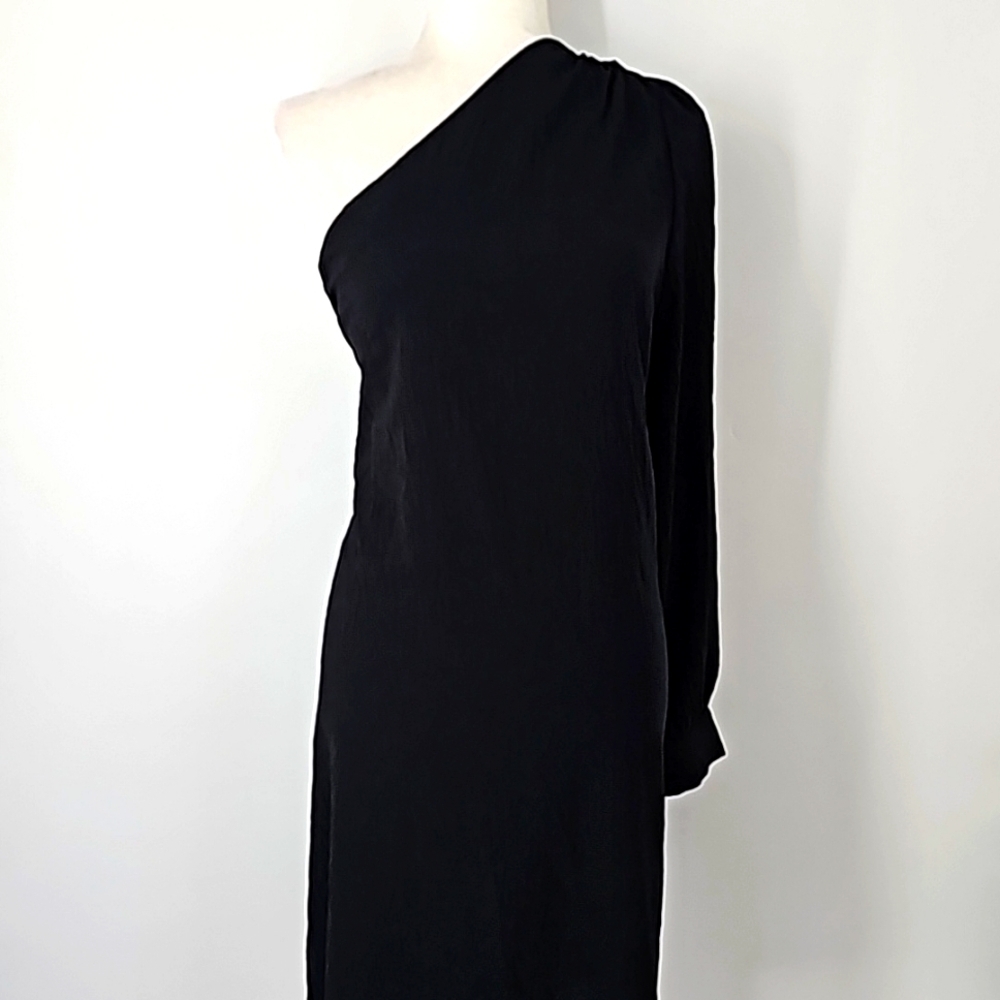 Black One Shoulder Puffed Sleeve Crinkled Fabric Dress Plus Size